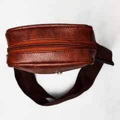A brown, faux-leather crossbody bag