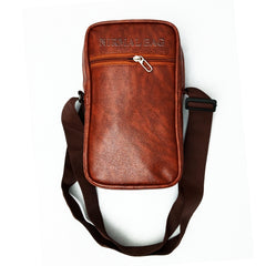 A brown, faux-leather crossbody bag
