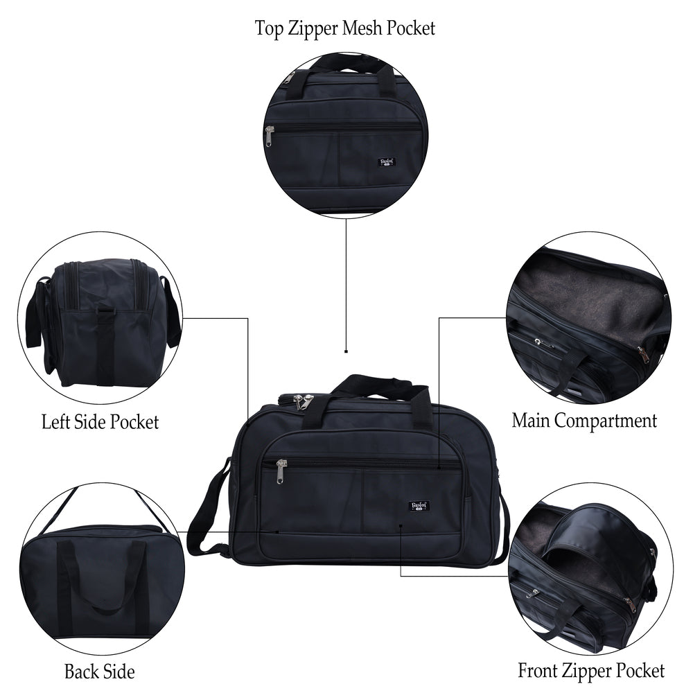 A black duffel bag is centered against a plain white background.