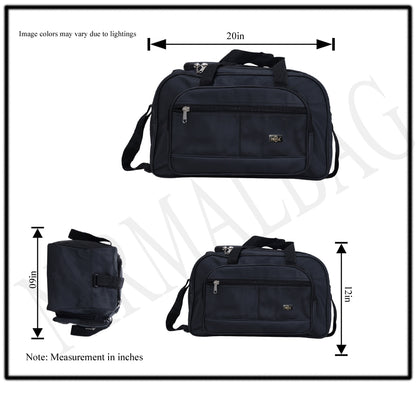 A black duffel bag is centered against a plain white background.