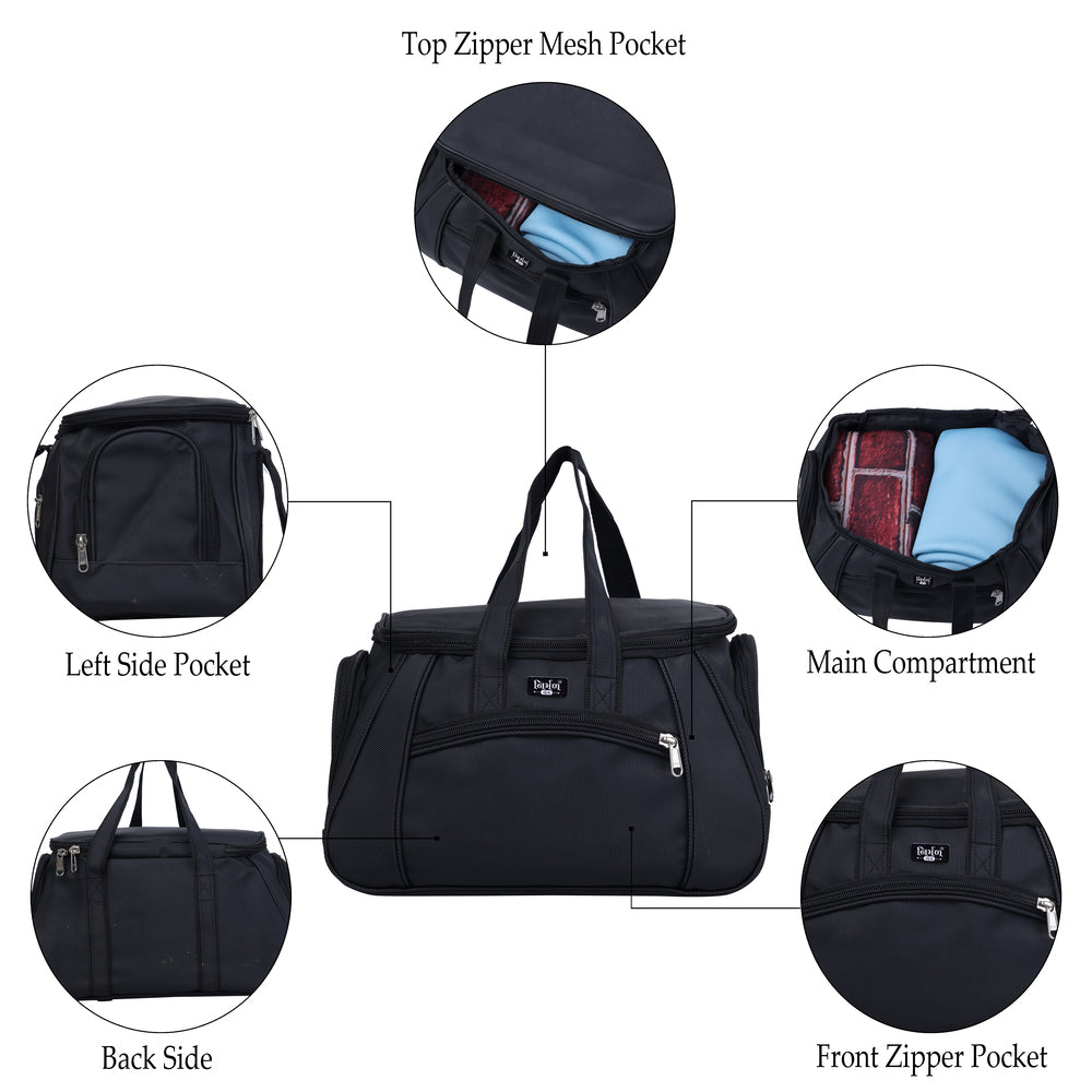 A black duffel bag is centered against a white background.