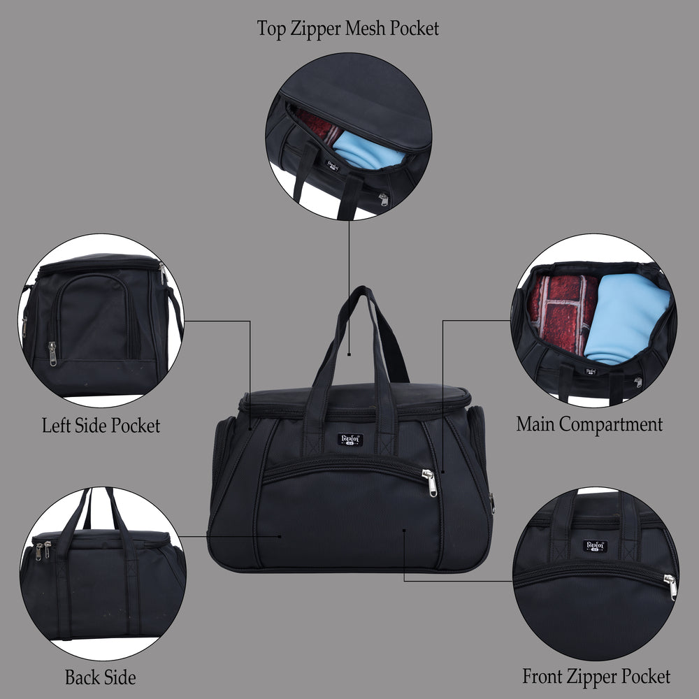 A black duffel bag is centered against a white background.