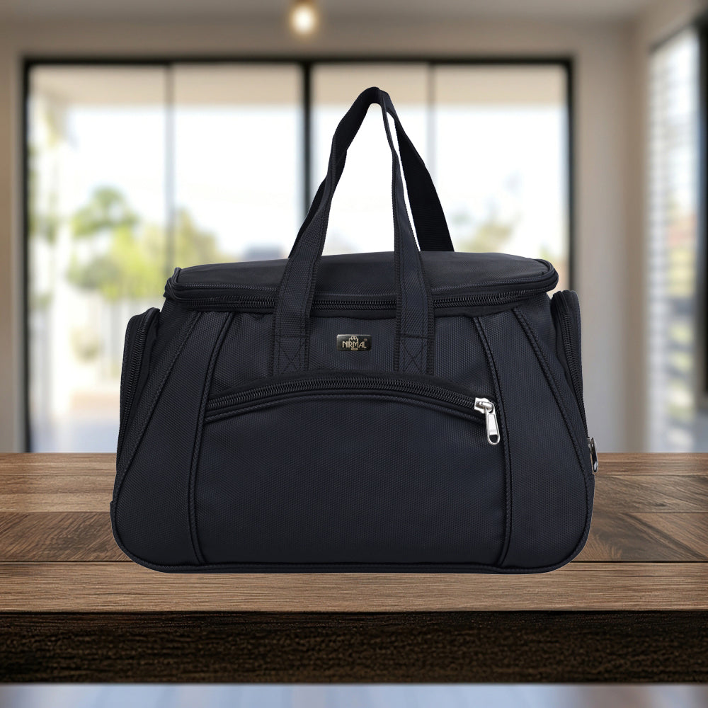 A black duffel bag is centered against a white background.