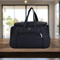A black duffel bag is centered against a white background.
