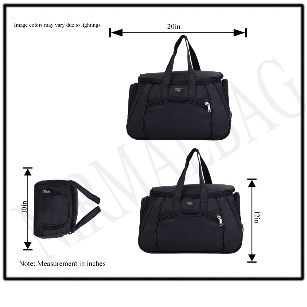 A black duffel bag is centered against a white background.