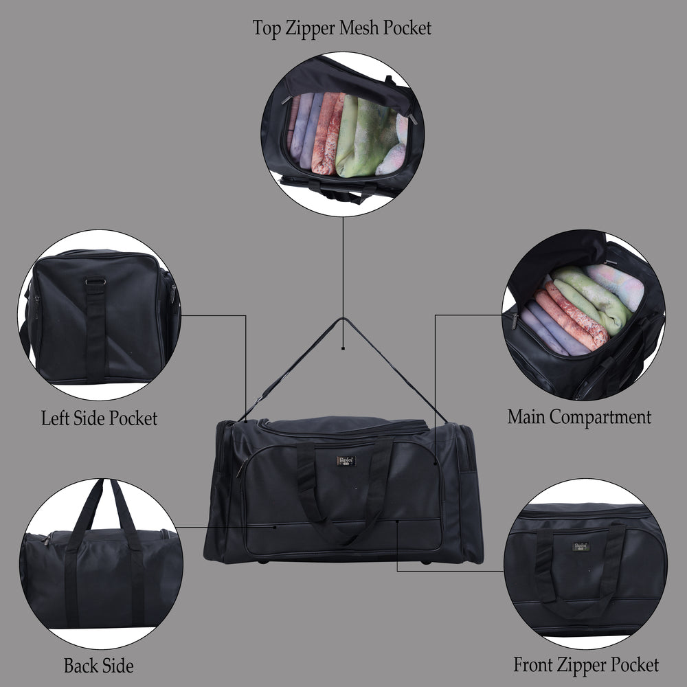 A black duffel bag is centered in the image.