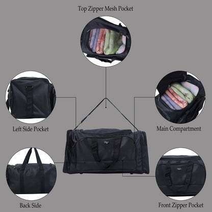A black duffel bag is centered in the image.