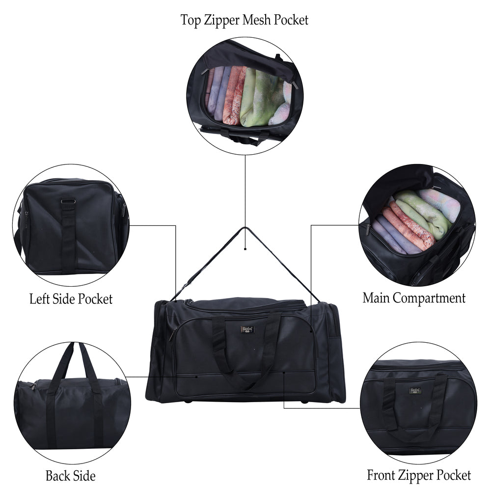 A black duffel bag is centered in the image.