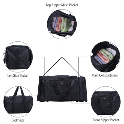 A black duffel bag is centered in the image.