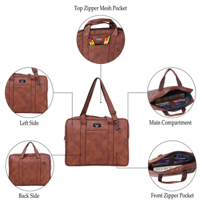 A light brownish-tan, textured leather-like laptop bag or briefcase