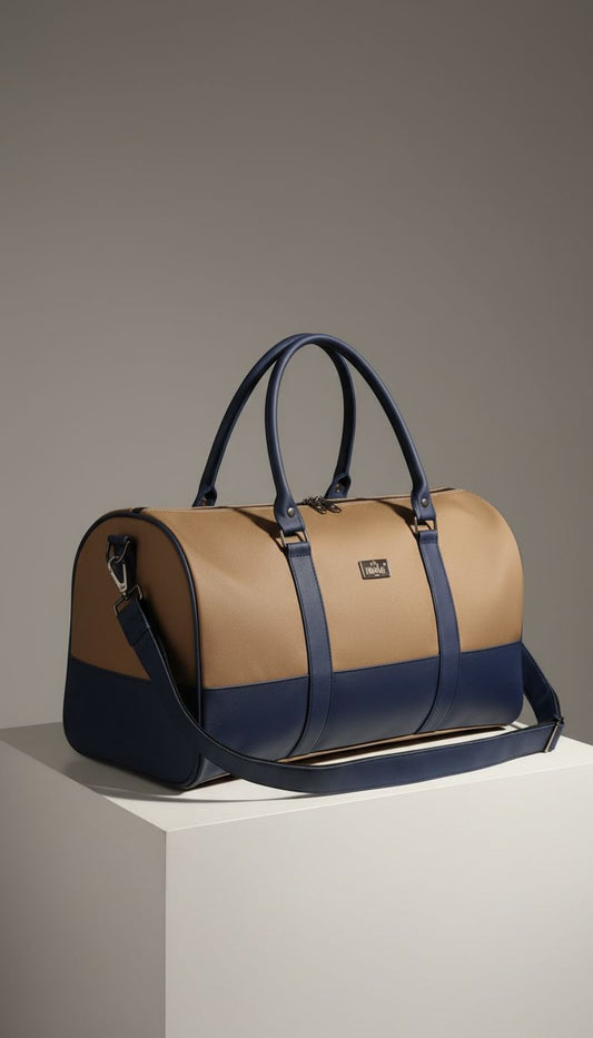 Waterproof Travel Duffle Bag for Men & Women | 3 Inner Pockets | Premium Weekender Luggage Bag | Beige & Navy Blue