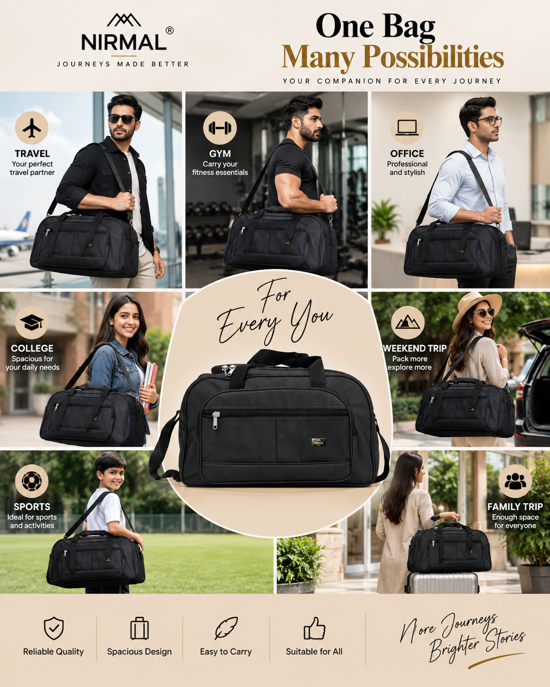 Nirmal Premium Black Travel Duffel Bag