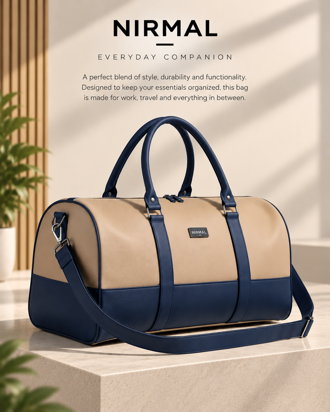 Waterproof Travel Duffle Bag for Men & Women | 3 Inner Pockets | Premium Weekender Luggage Bag | Beige & Navy Blue