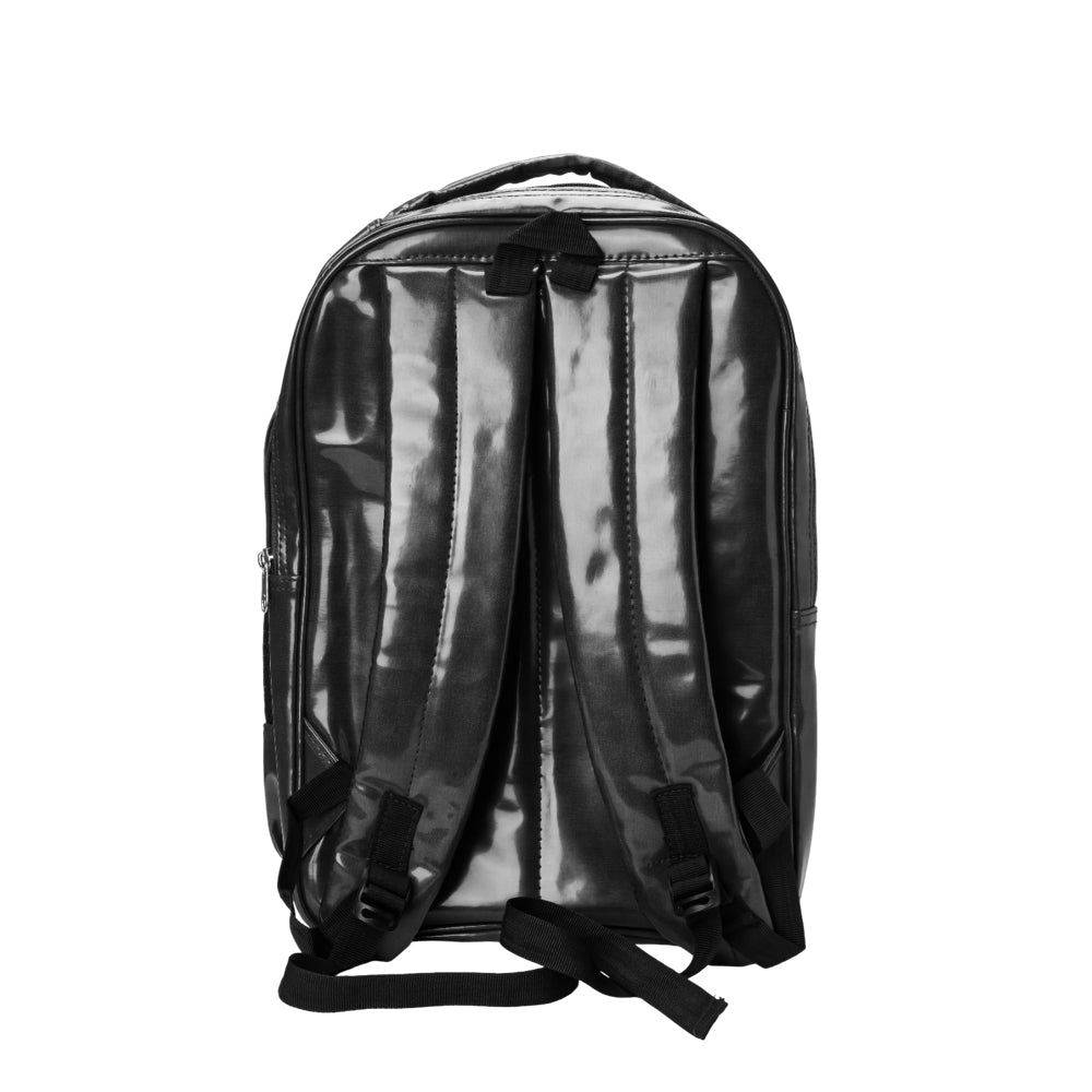 A black backpack is centered on a white background.