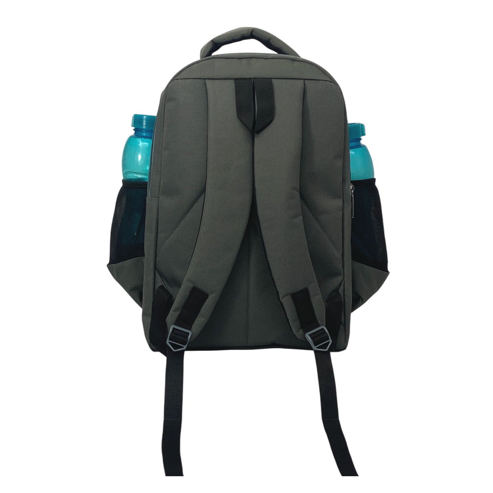 A gray backpack is centered on a white background