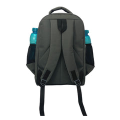A gray backpack is centered on a white background