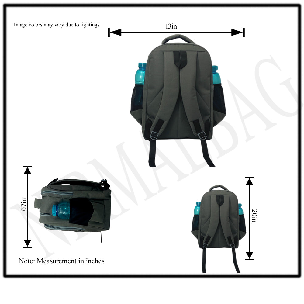 A gray backpack is centered on a white background