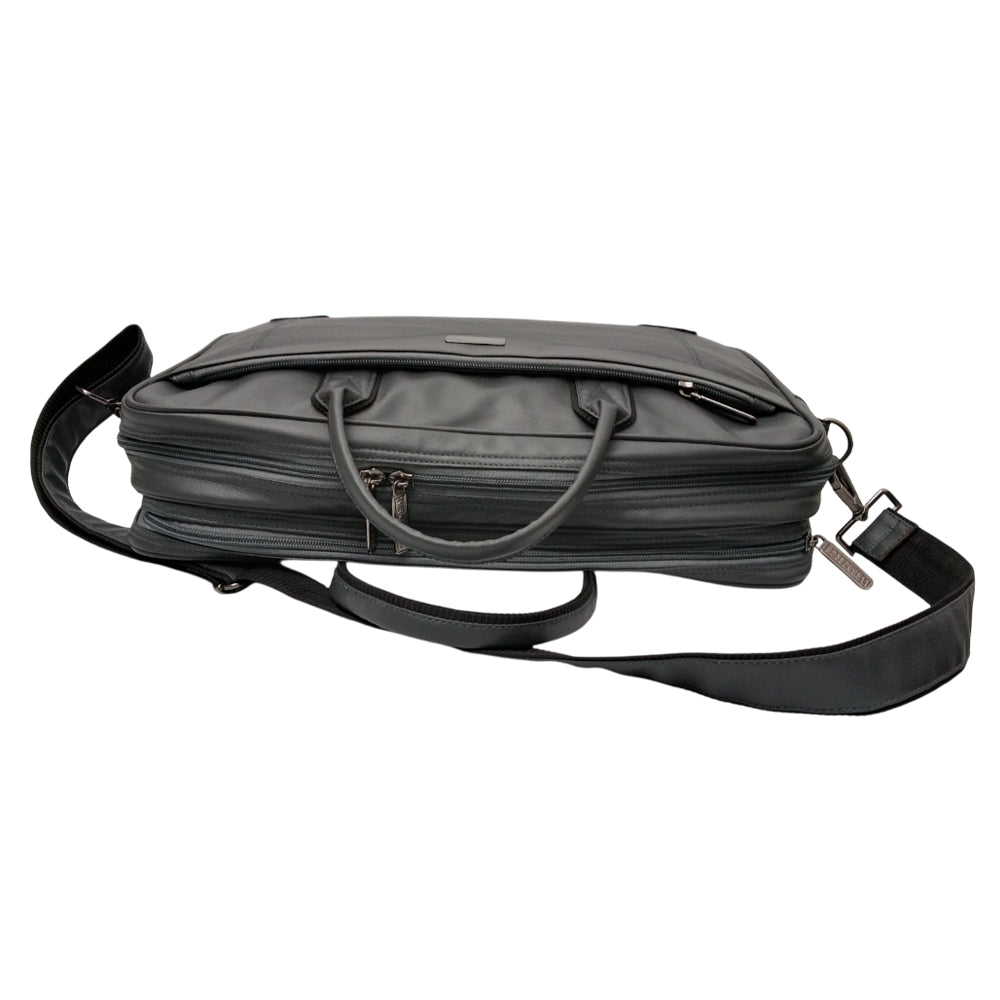 A full shot of a dark gray or black laptop bag.