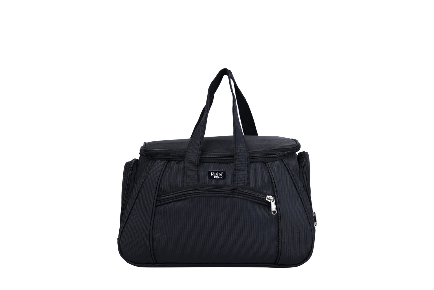 A black duffel bag is centered against a white background.