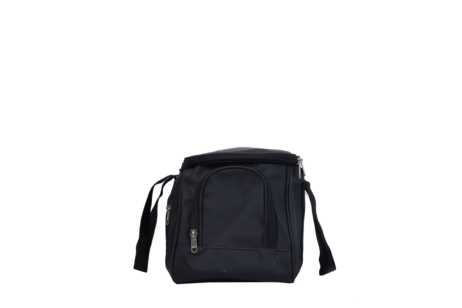 A black duffel bag is centered against a white background.