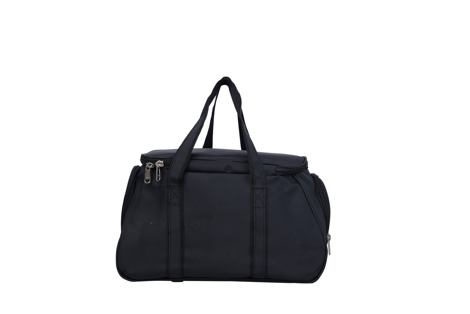 A black duffel bag is centered against a white background.