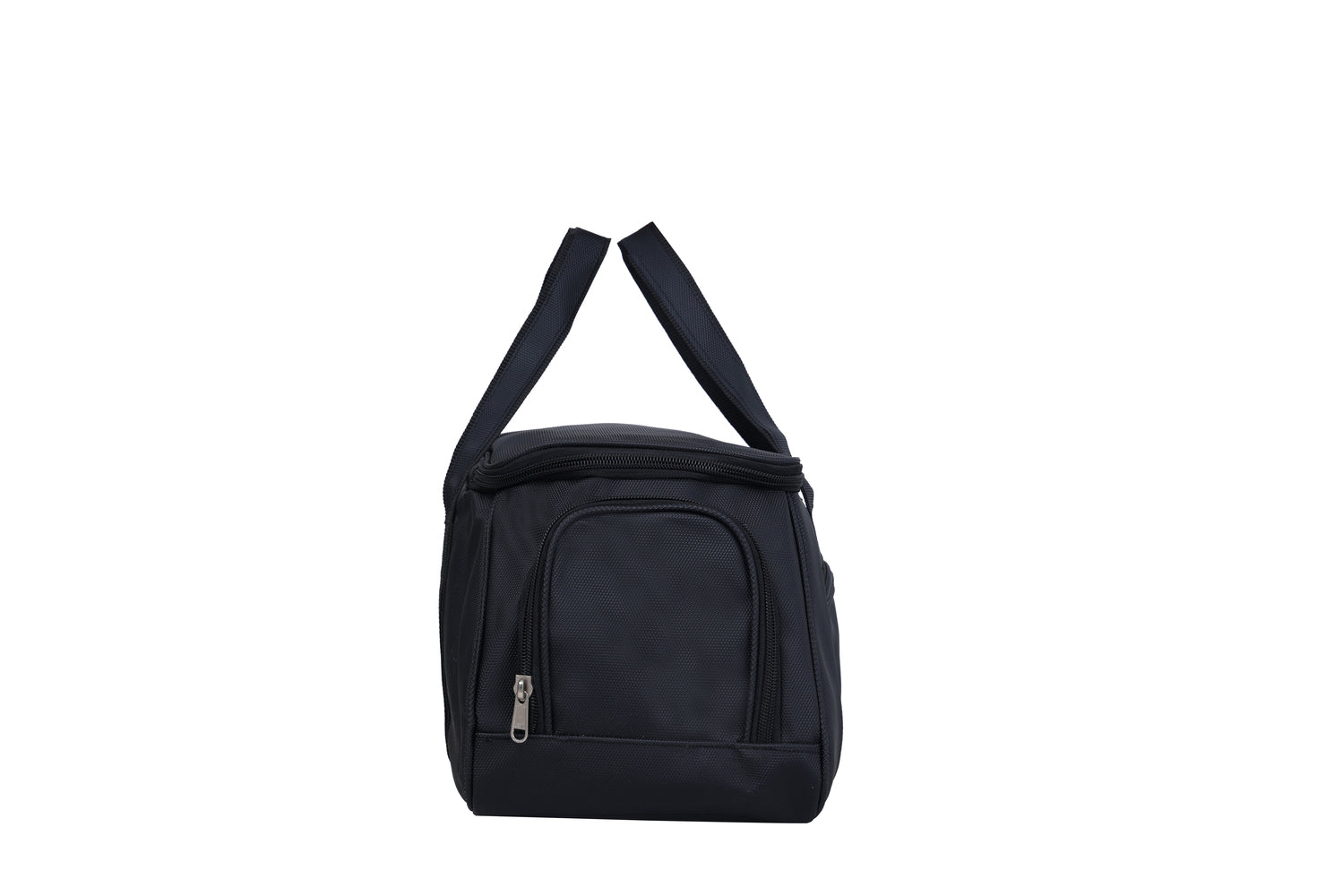 A black duffel bag is centered against a white background.
