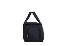 A black duffel bag is centered against a white background.
