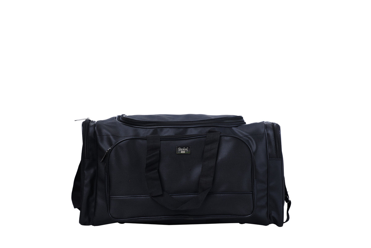 A black duffel bag is centered in the image.