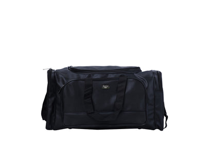 A black duffel bag is centered in the image.