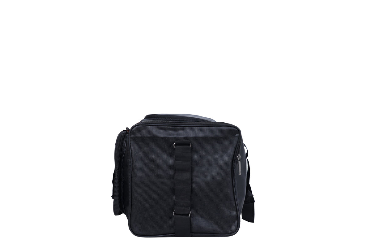 A black duffel bag is centered in the image.