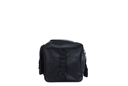 A black duffel bag is centered in the image.
