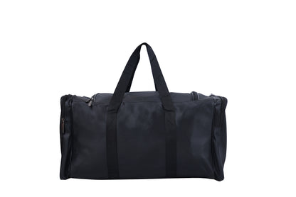 A black duffel bag is centered in the image.