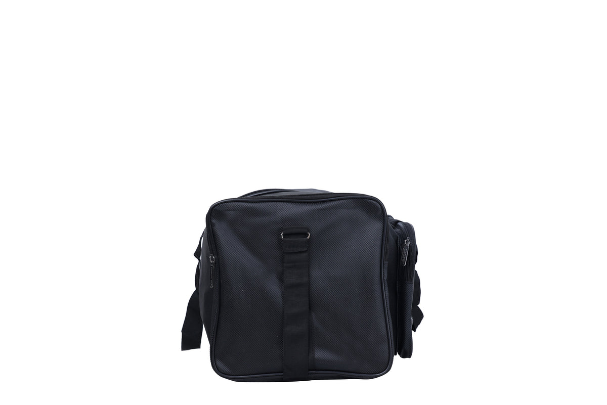 A black duffel bag is centered in the image.