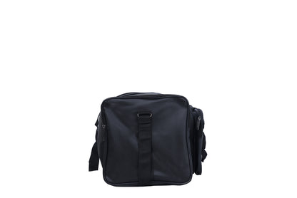 A black duffel bag is centered in the image.