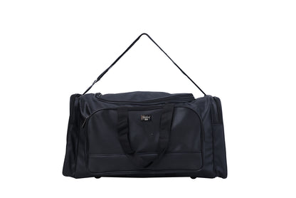 A black duffel bag is centered in the image.