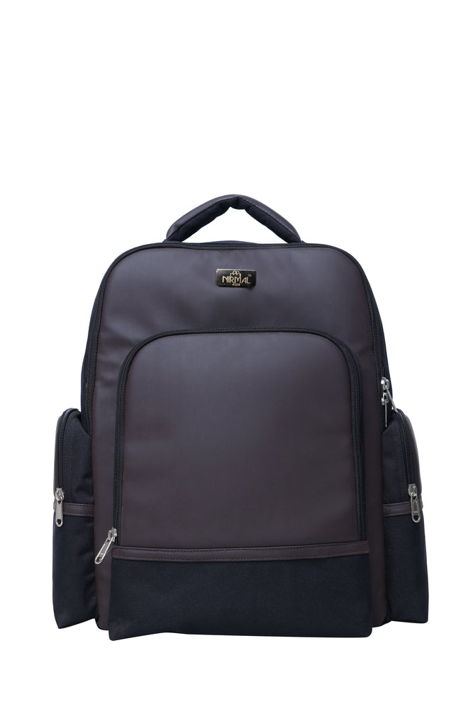A full-front view of a dark brown backpack.