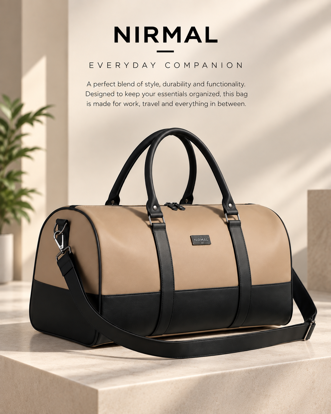 Waterproof Travel Duffle Bag for Men & Women | 3 Inner Pockets | Premium Weekender Luggage Bag | Beige & Navy Blue