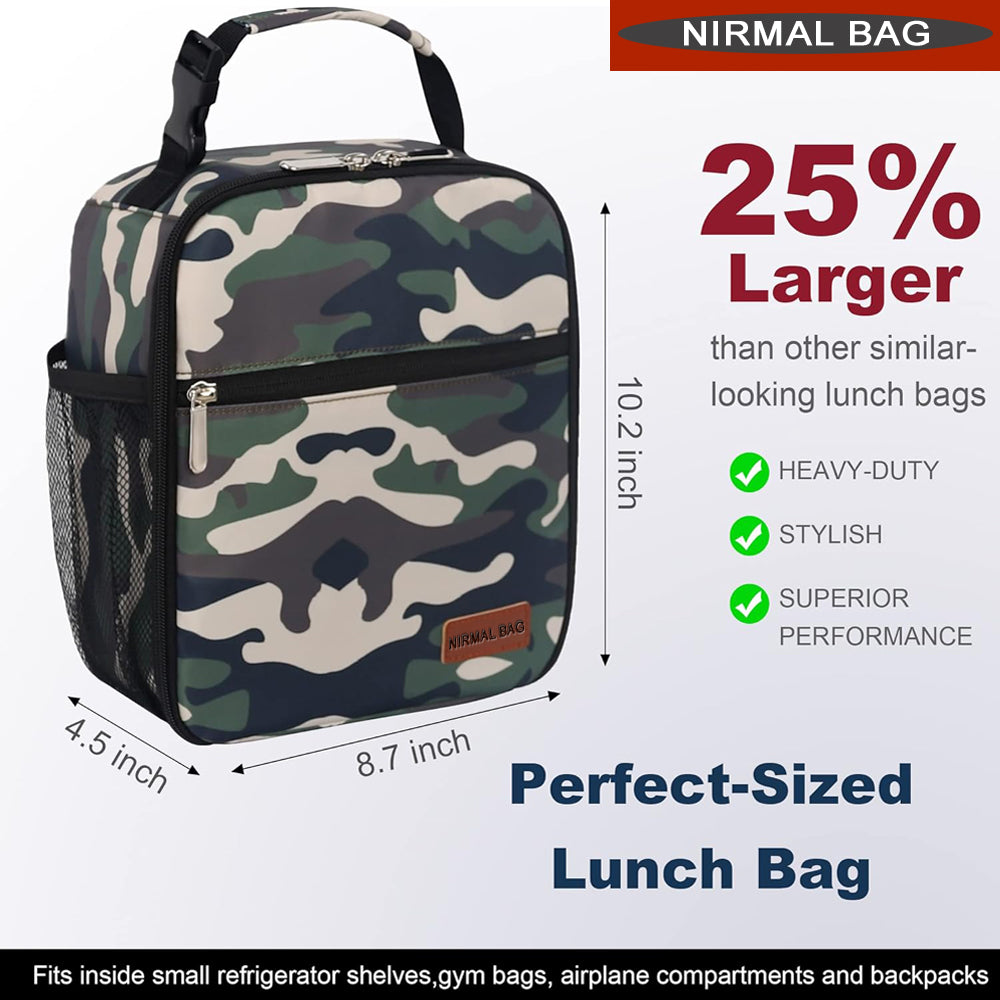 A rectangular, insulated lunch bag is presented.