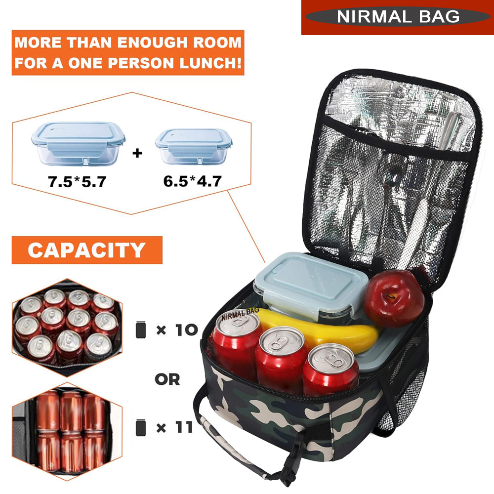 A rectangular, insulated lunch bag is presented.
