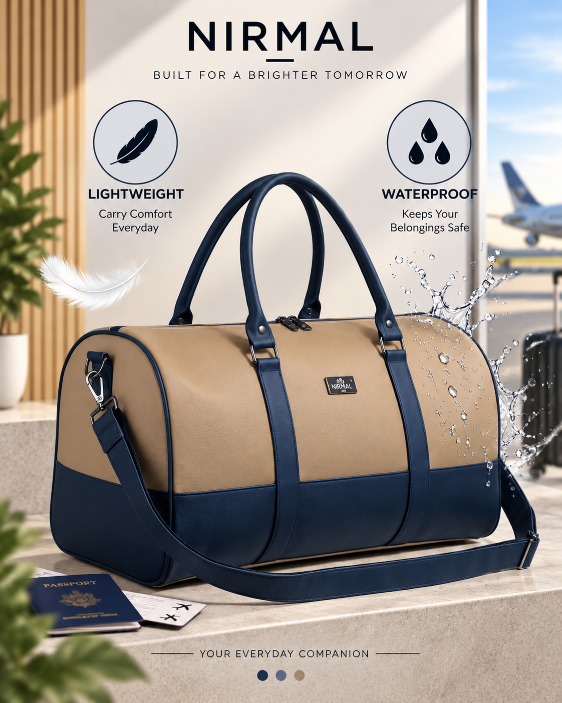 Waterproof Travel Duffle Bag for Men & Women | 3 Inner Pockets | Premium Weekender Luggage Bag | Beige & Navy Blue