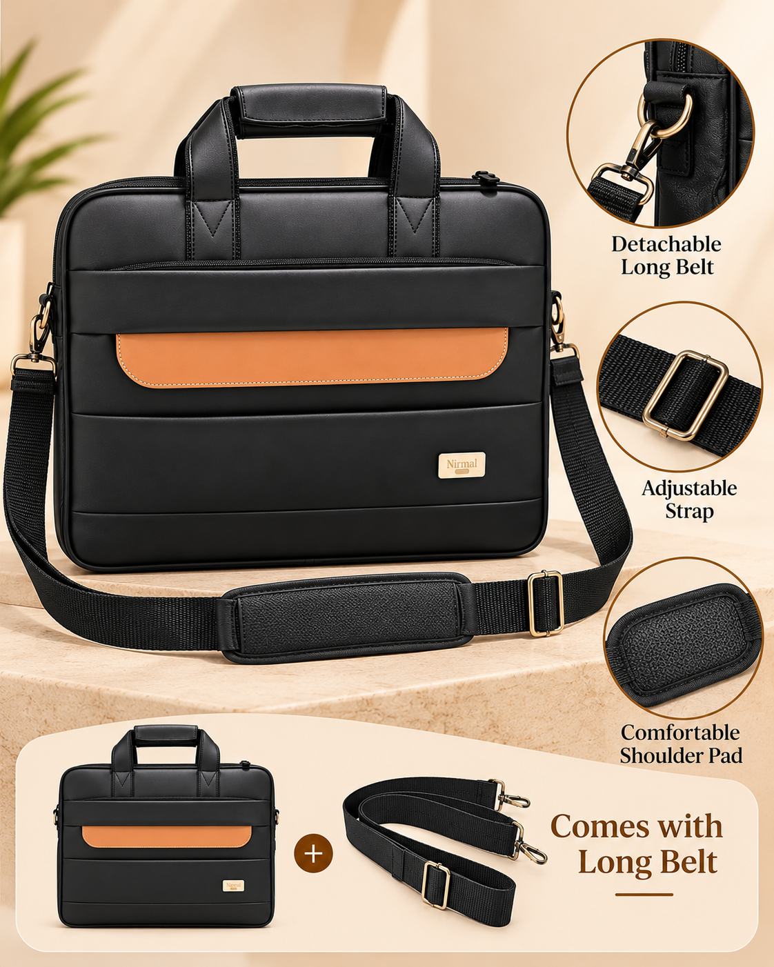 Nirmal Premium Black Laptop Bag with Long Belt