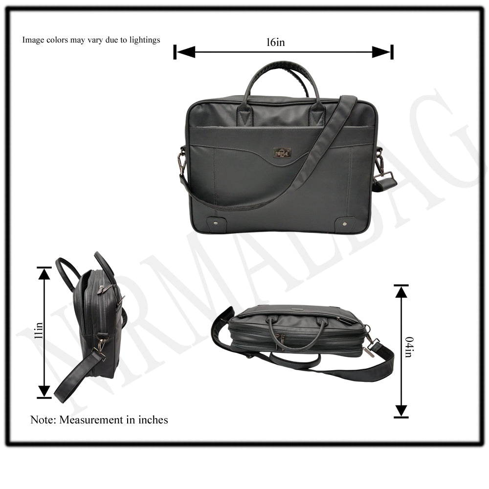 A full shot of a dark gray or black laptop bag.