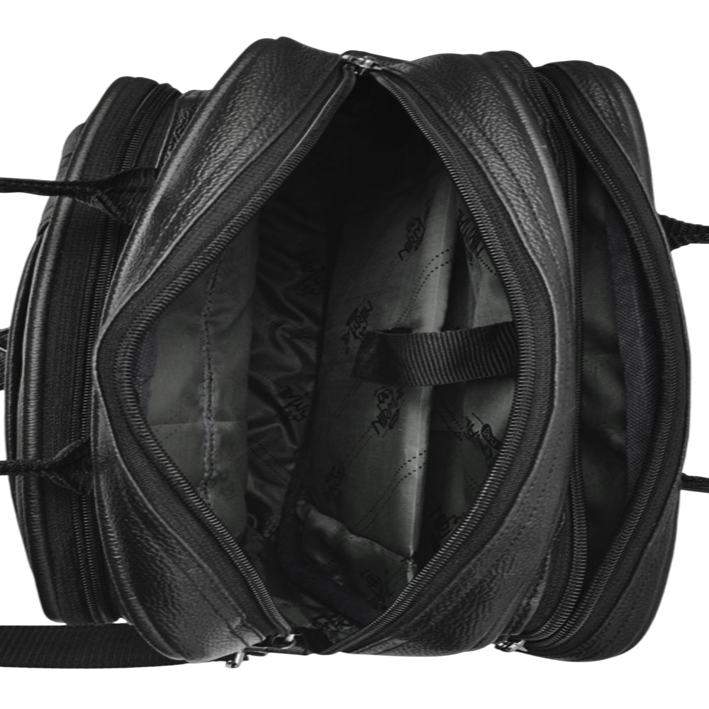 A black leather messenger bag sits