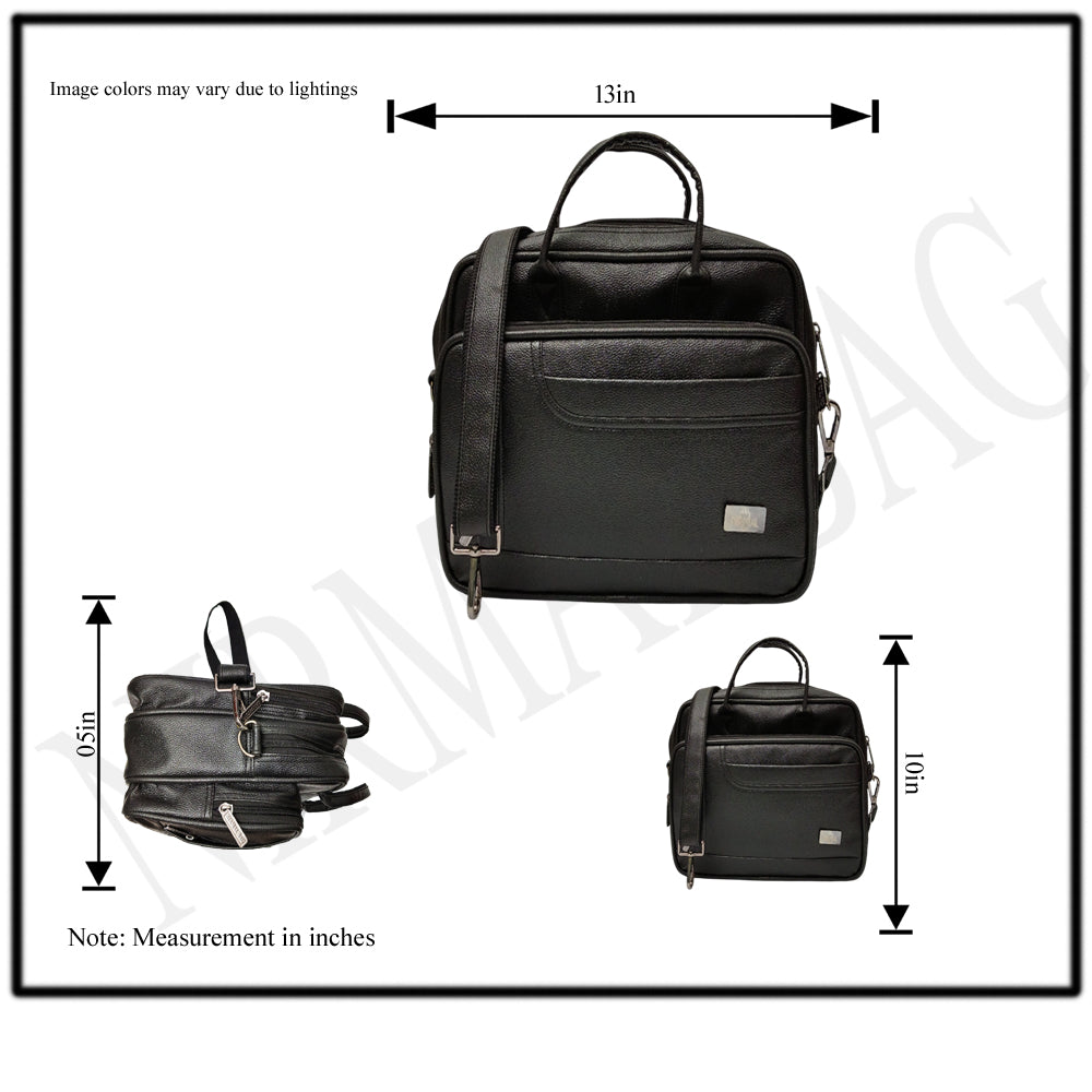 A black leather messenger bag sits