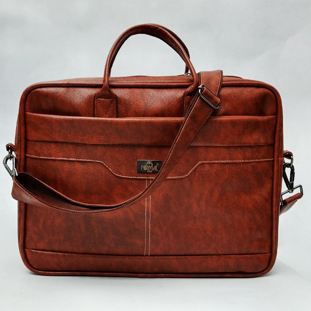 A brown leather-like laptop bag or briefcase