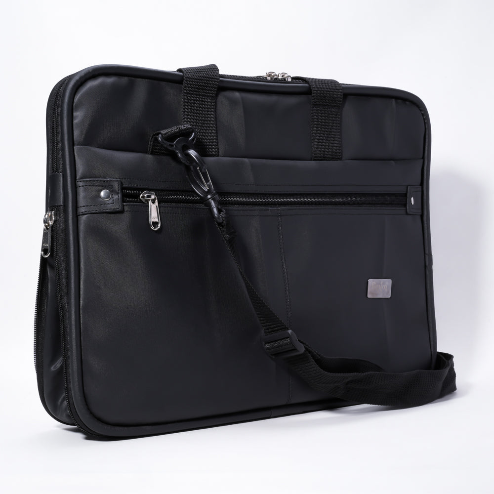 Full shot of a black briefcase-style bag.