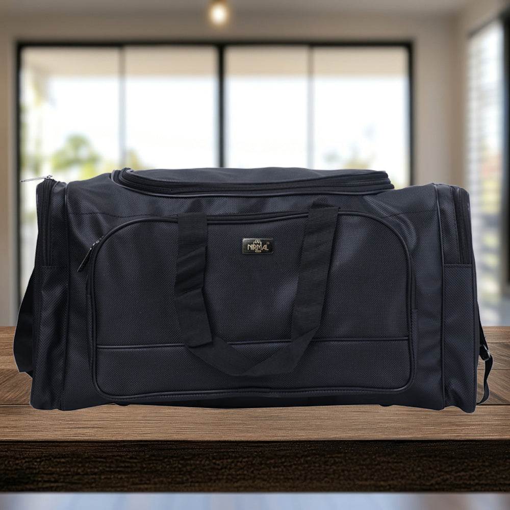 A black duffel bag is centered in the image.
