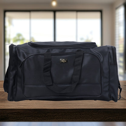 A black duffel bag is centered in the image.