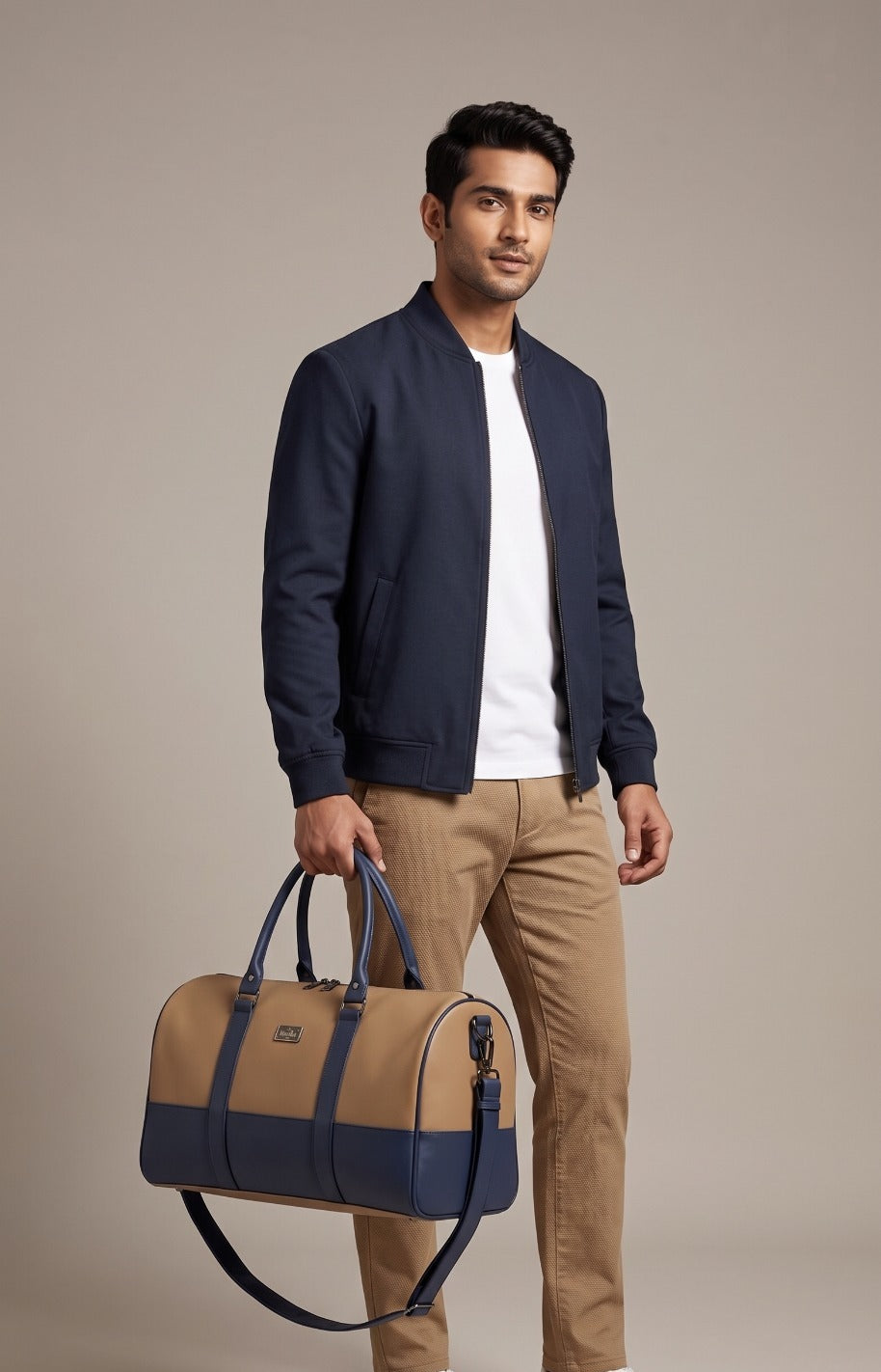 Waterproof Travel Duffle Bag for Men & Women | 3 Inner Pockets | Premium Weekender Luggage Bag | Beige & Navy Blue