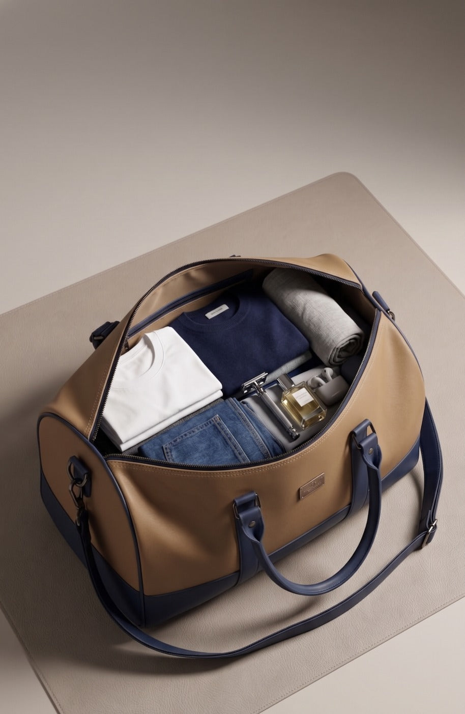 Waterproof Travel Duffle Bag for Men & Women | 3 Inner Pockets | Premium Weekender Luggage Bag | Beige & Navy Blue